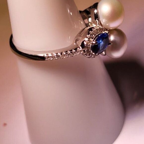 ELITE, New, JEWELRY, SIZE 7, .925 STERLING SILVER, SAPPHIRE, 7MM FW PEARL RING - Picture 4 of 10